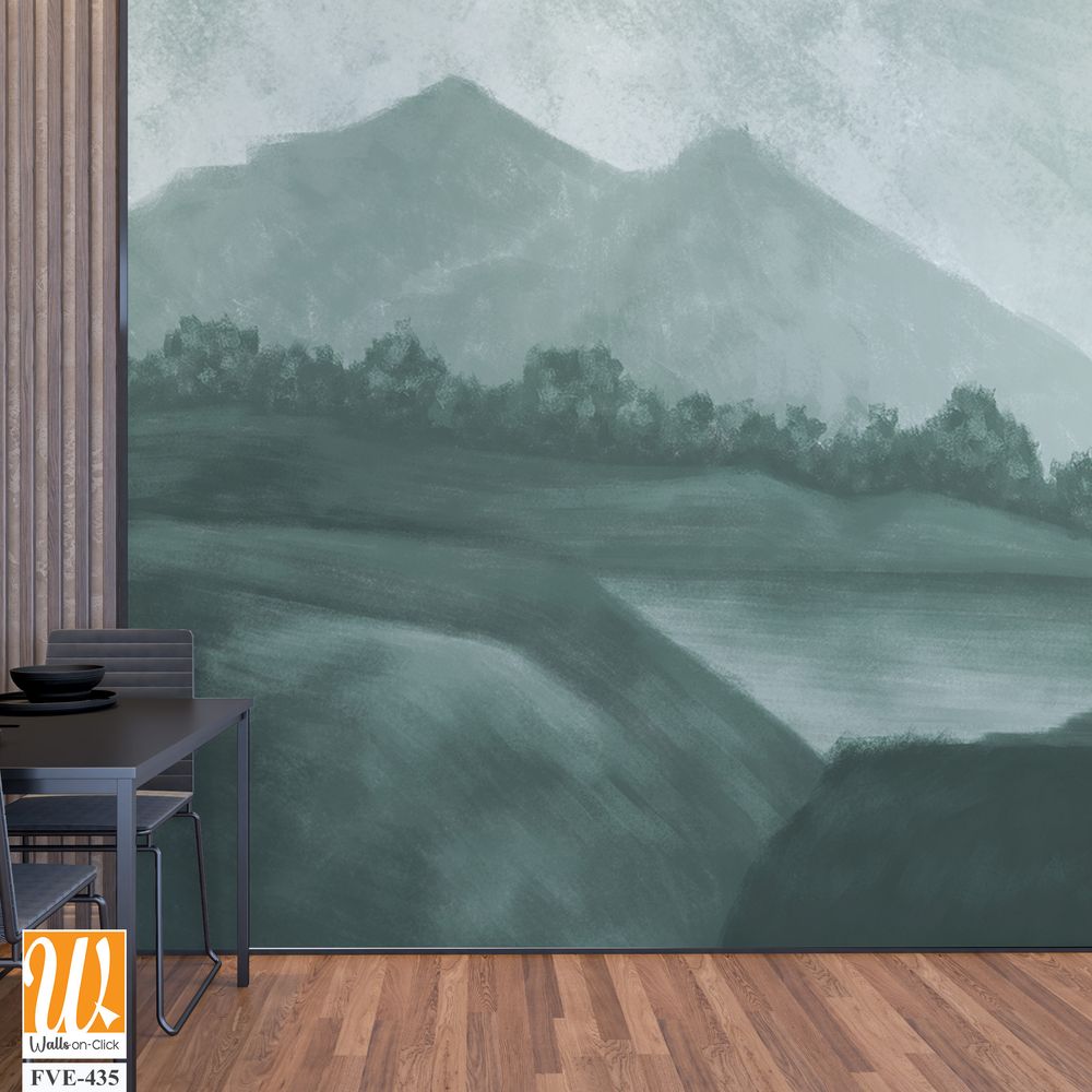 Landscape wallpaper design, oil painting effect landscape illustration, green monochrome, mural art, nature background, mountain landscape [WP-FVE-435]