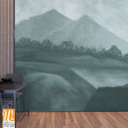 Landscape wallpaper design, oil painting effect landscape illustration, green monochrome, mural art, nature background, mountain landscape [WP-FVE-435]