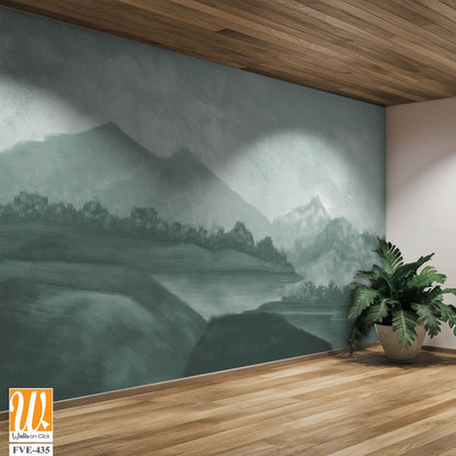Landscape wallpaper design, oil painting effect landscape illustration, green monochrome, mural art, nature background, mountain landscape [WP-FVE-435]