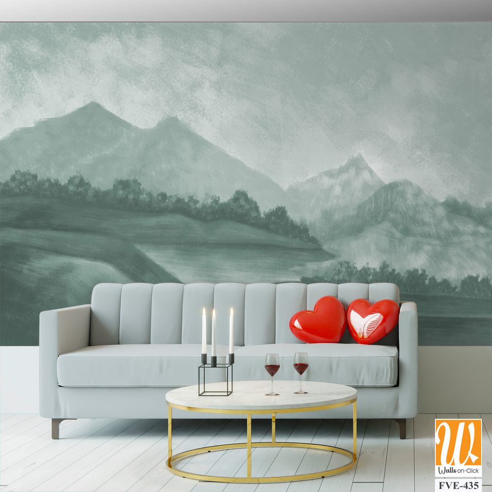 Landscape wallpaper design, oil painting effect landscape illustration, green monochrome, mural art, nature background, mountain landscape [WP-FVE-435]