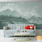 Landscape wallpaper design, oil painting effect landscape illustration, green monochrome, mural art, nature background, mountain landscape [WP-FVE-435]