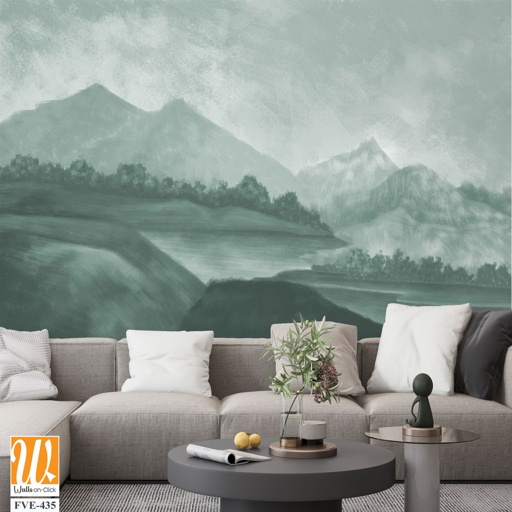 Landscape wallpaper design, oil painting effect landscape illustration, green monochrome, mural art, nature background, mountain landscape [WP-FVE-435]