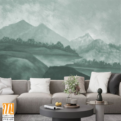 Landscape wallpaper design, oil painting effect landscape illustration, green monochrome, mural art, nature background, mountain landscape [WP-FVE-435]