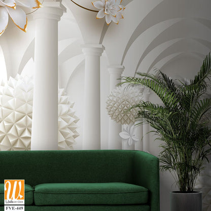 3D wallpaper of white arches with golden flowers [WP-FVE-449]