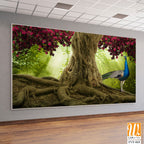 Vibrant blue peacock graceful under majestic tree [WP-FVF-065]