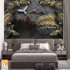3D luxury wallpaper with black and gold palm leaves [WP-FVF-066]