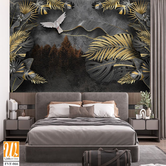 3D luxury wallpaper with black and gold palm leaves [WP-FVF-066]