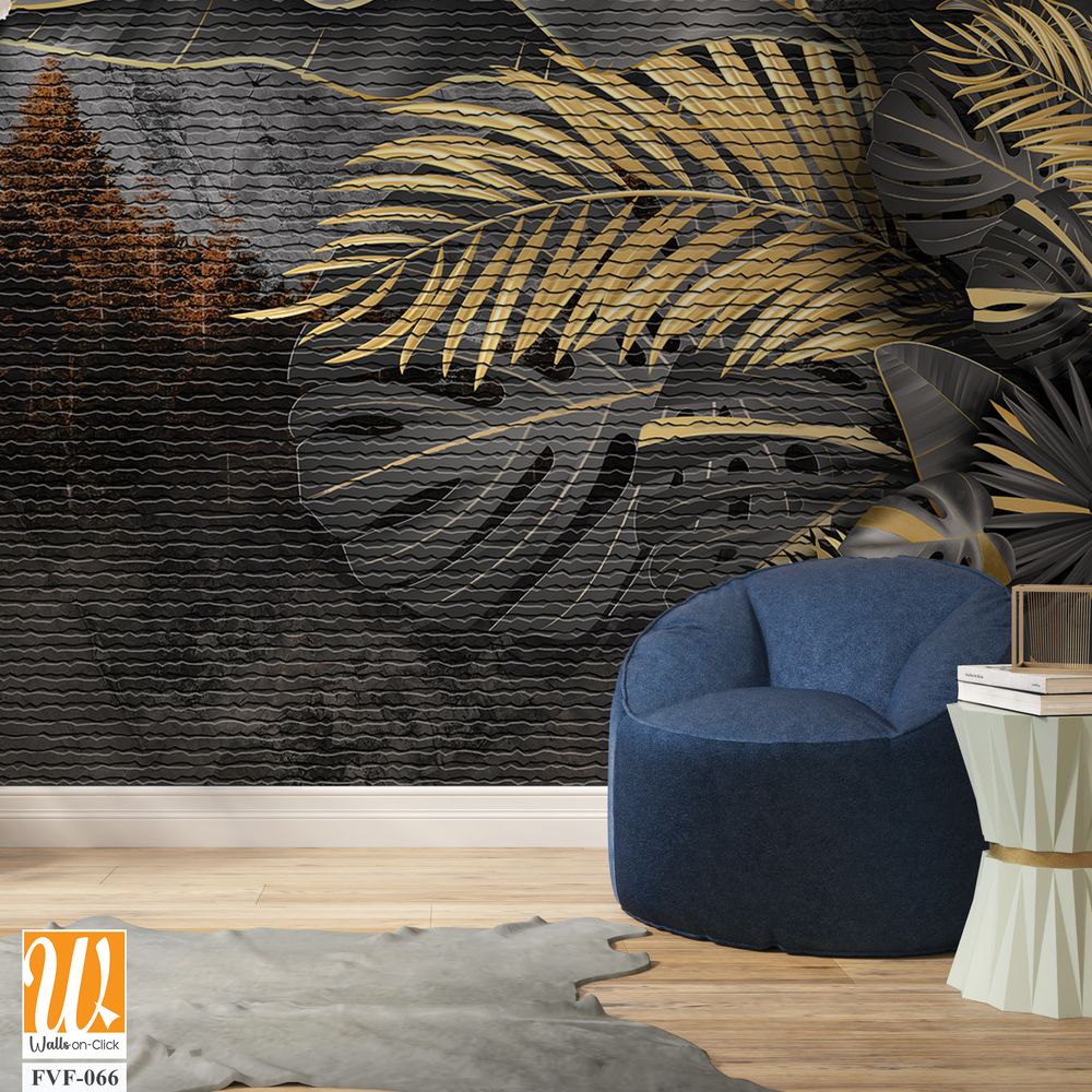 3D luxury wallpaper with black and gold palm leaves [WP-FVF-066]