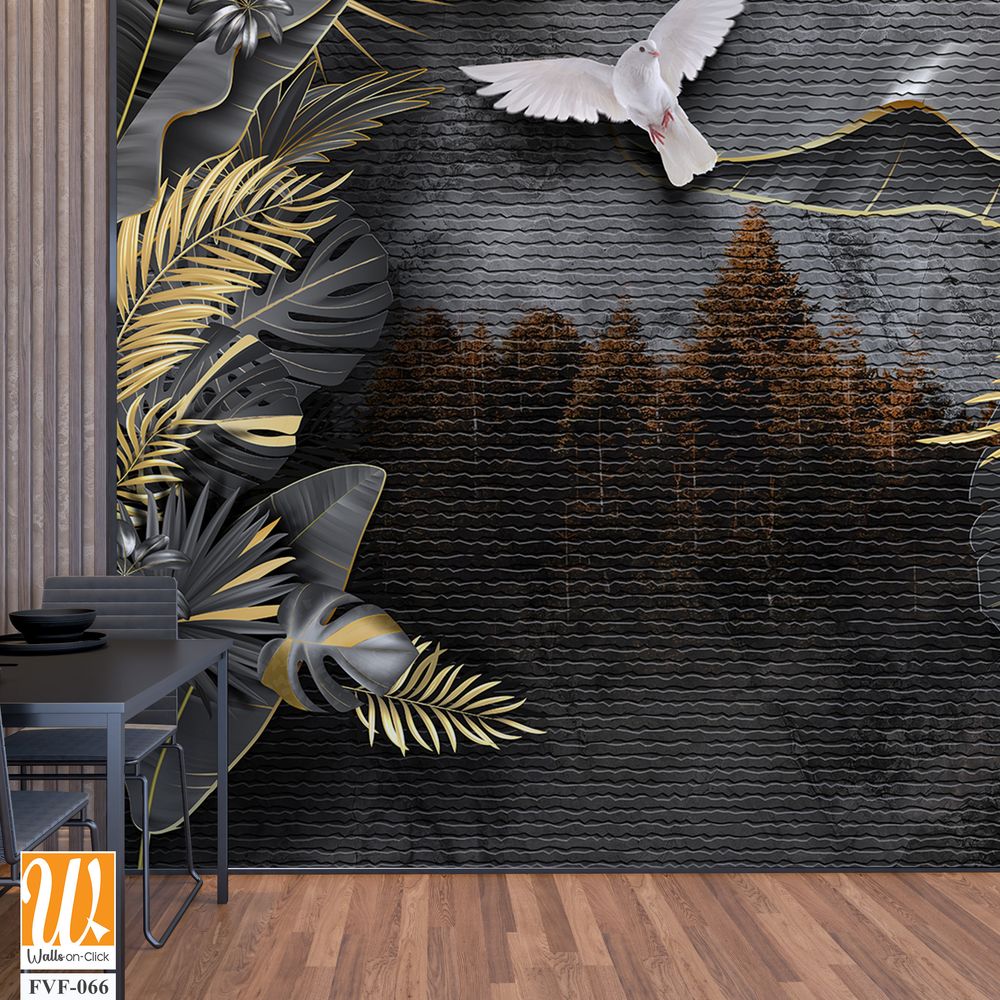 3D luxury wallpaper with black and gold palm leaves [WP-FVF-066]