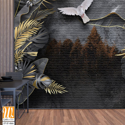 3D luxury wallpaper with black and gold palm leaves [WP-FVF-066]