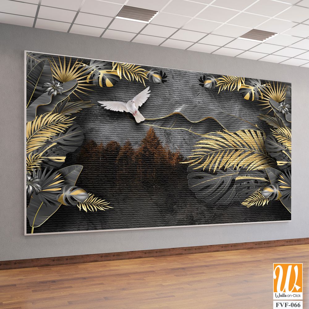 3D luxury wallpaper with black and gold palm leaves [WP-FVF-066]