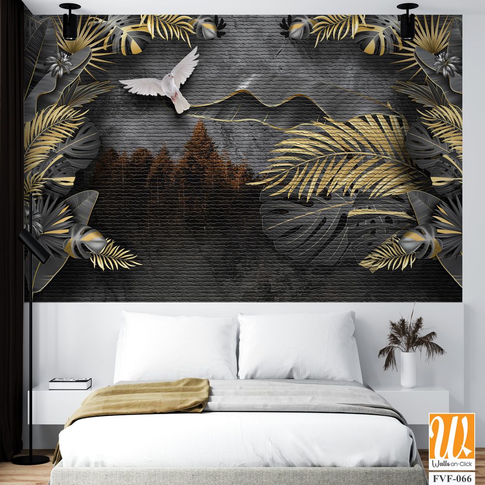 3D luxury wallpaper with black and gold palm leaves [WP-FVF-066]