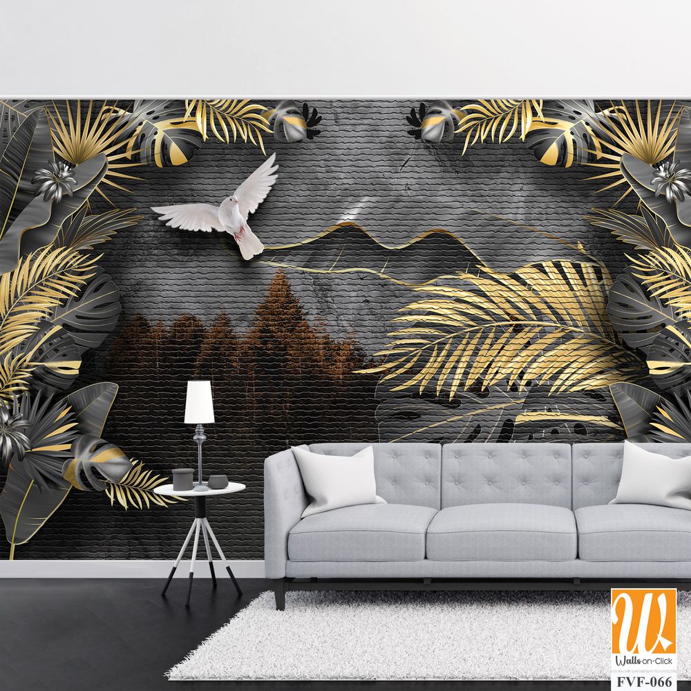 3D luxury wallpaper with black and gold palm leaves [WP-FVF-066]