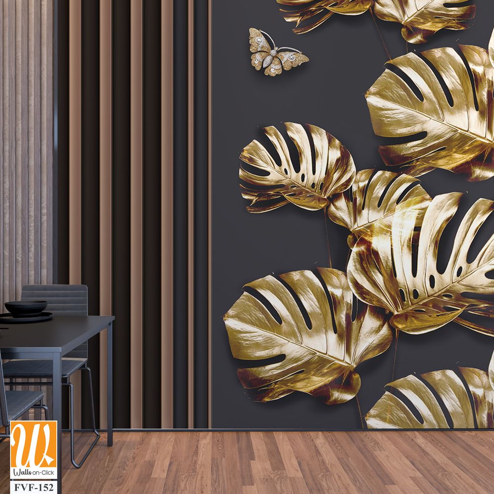 3d wallpaper, golden monstera leaves [WP-FVF-152]