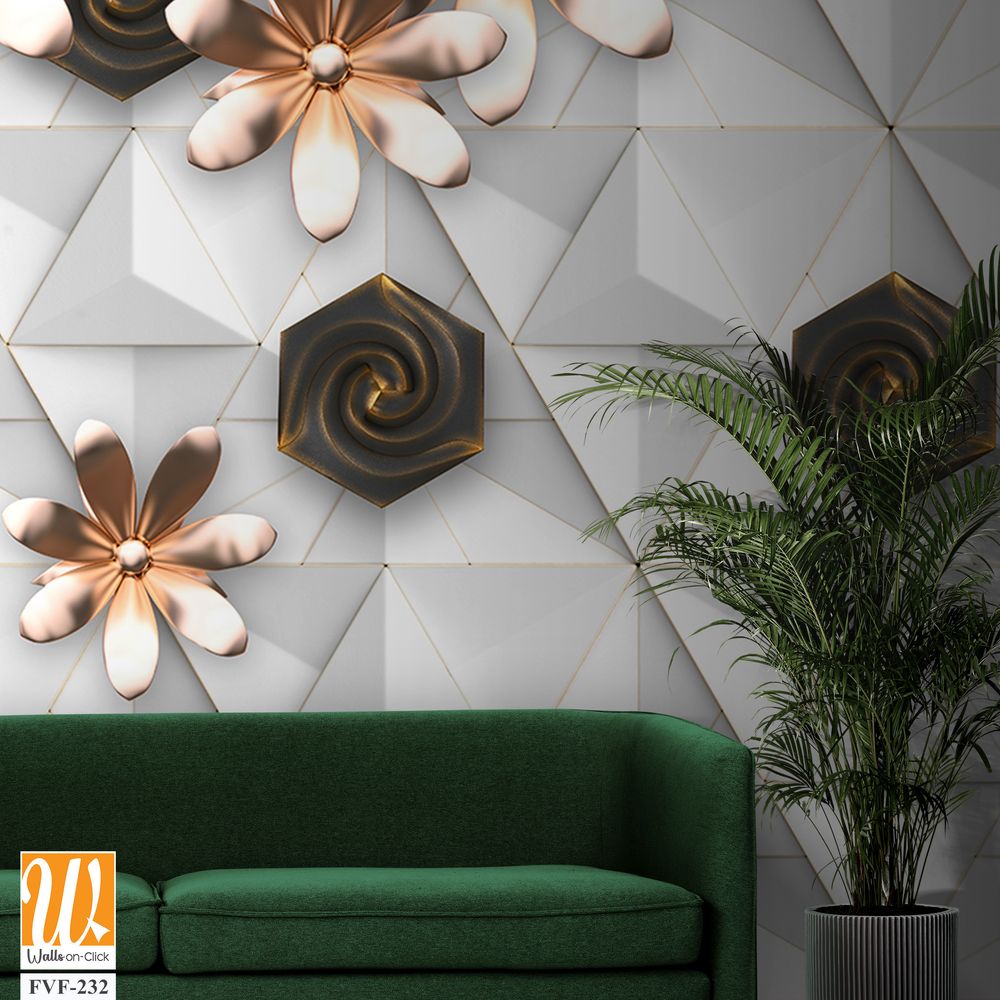 3D wallpaper with white geometric shapes and brown flowers [WP-FVF-232]