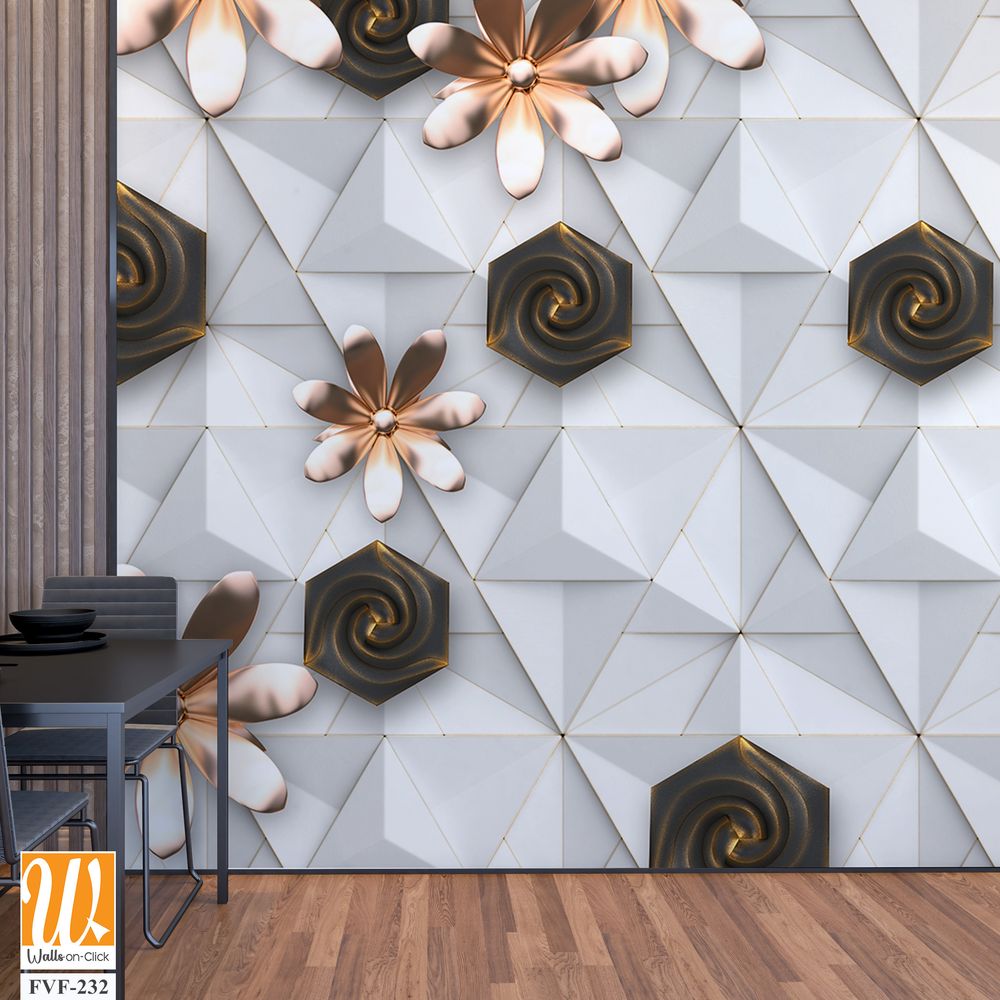 3D wallpaper with white geometric shapes and brown flowers [WP-FVF-232]