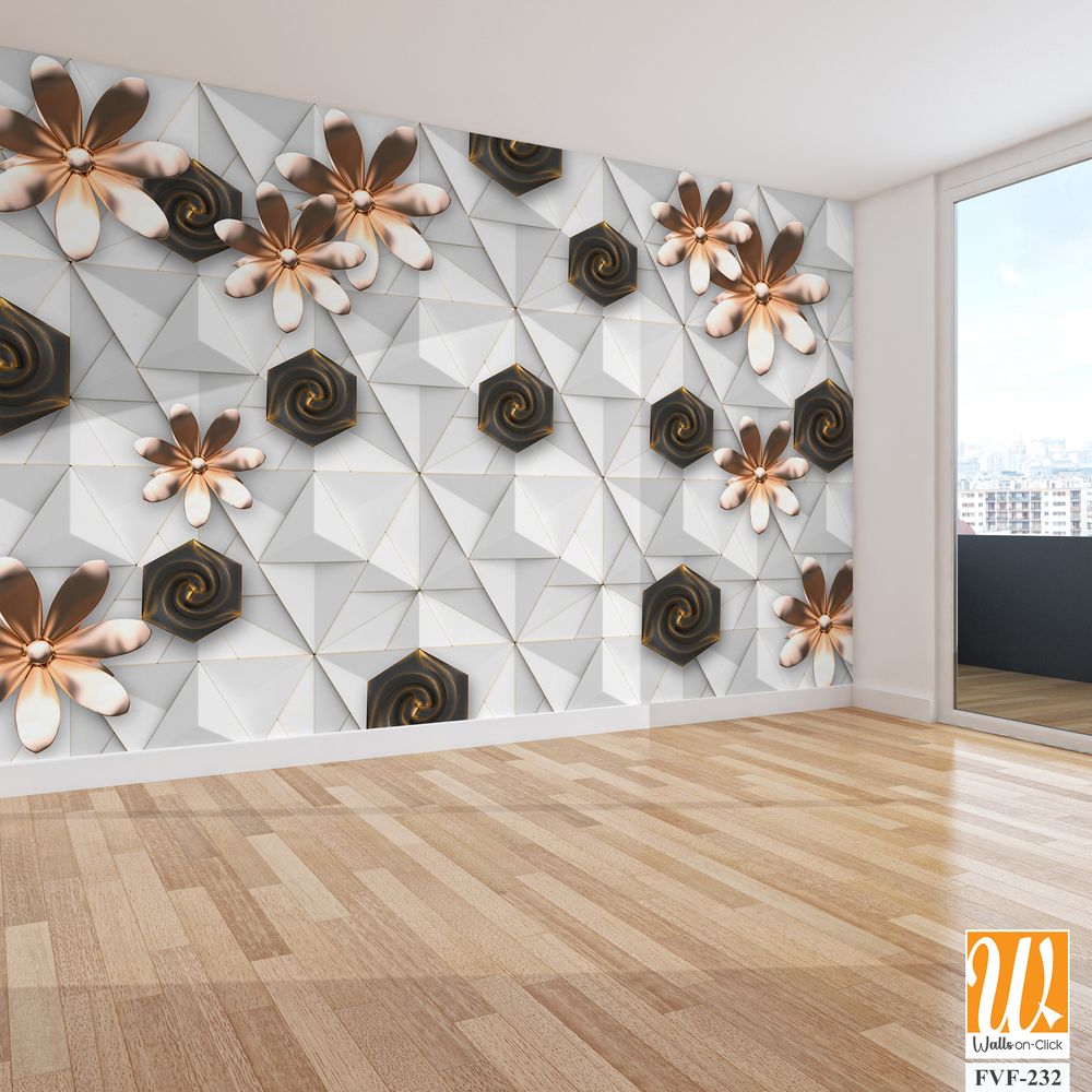 3D wallpaper with white geometric shapes and brown flowers [WP-FVF-232]