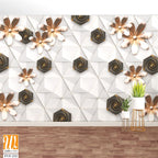 3D wallpaper with white geometric shapes and brown flowers [WP-FVF-232]