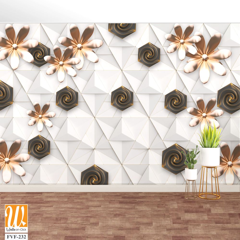 3D wallpaper with white geometric shapes and brown flowers [WP-FVF-232]