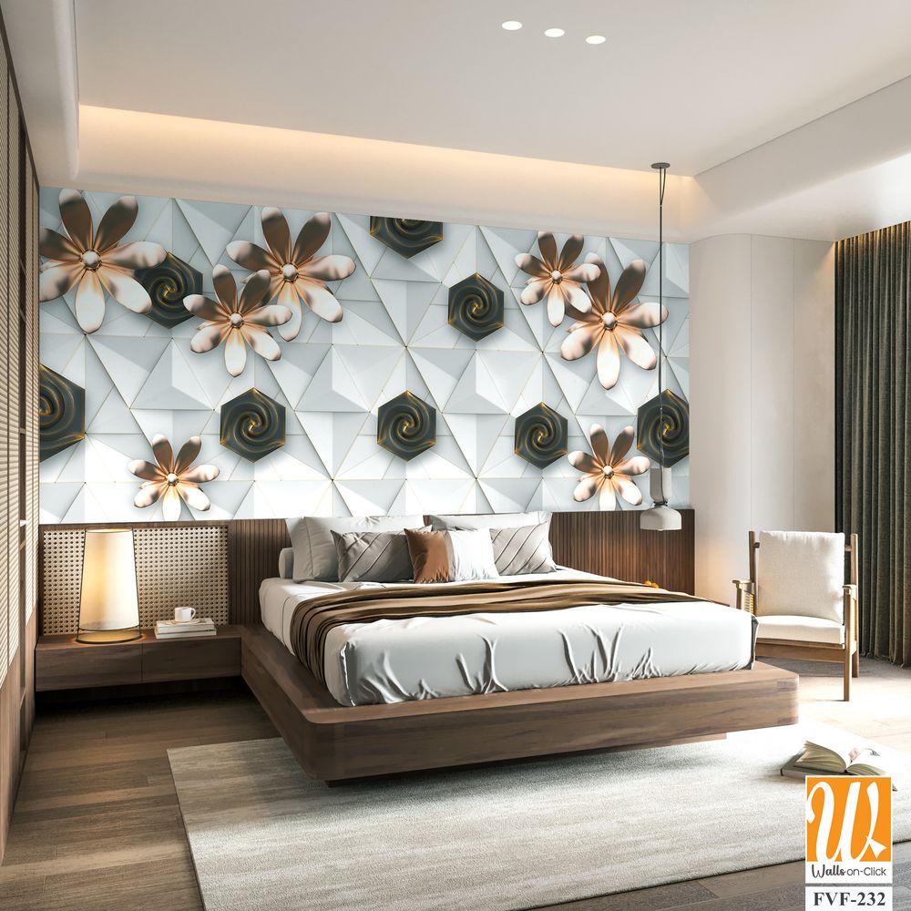 3D wallpaper with white geometric shapes and brown flowers [WP-FVF-232]