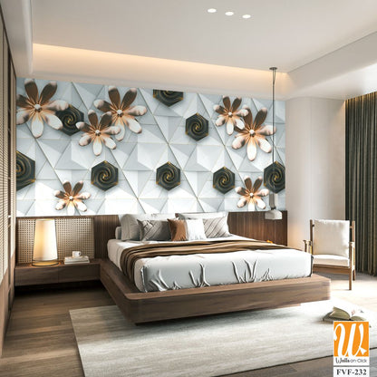 3D wallpaper with white geometric shapes and brown flowers [WP-FVF-232]