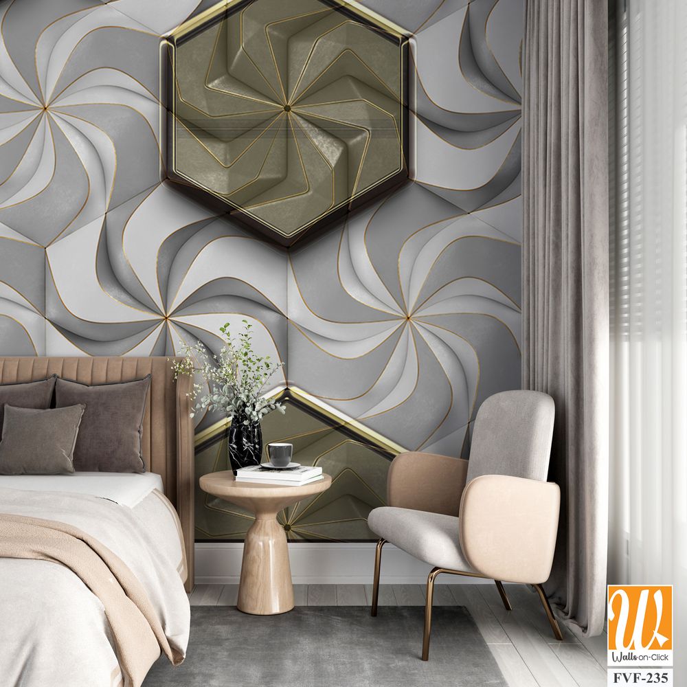 Grey and white swirls with brass hexagon tiles [WP-FVF-235]