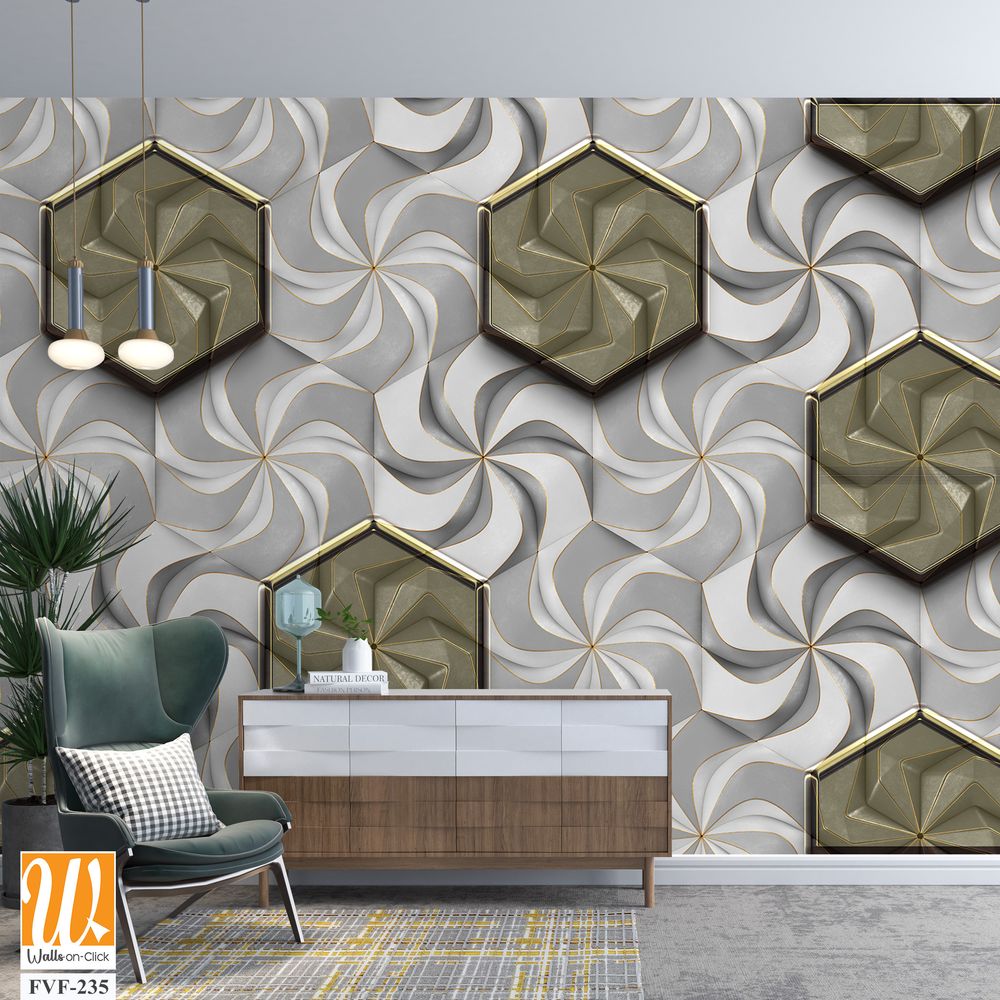 Grey and white swirls with brass hexagon tiles [WP-FVF-235]