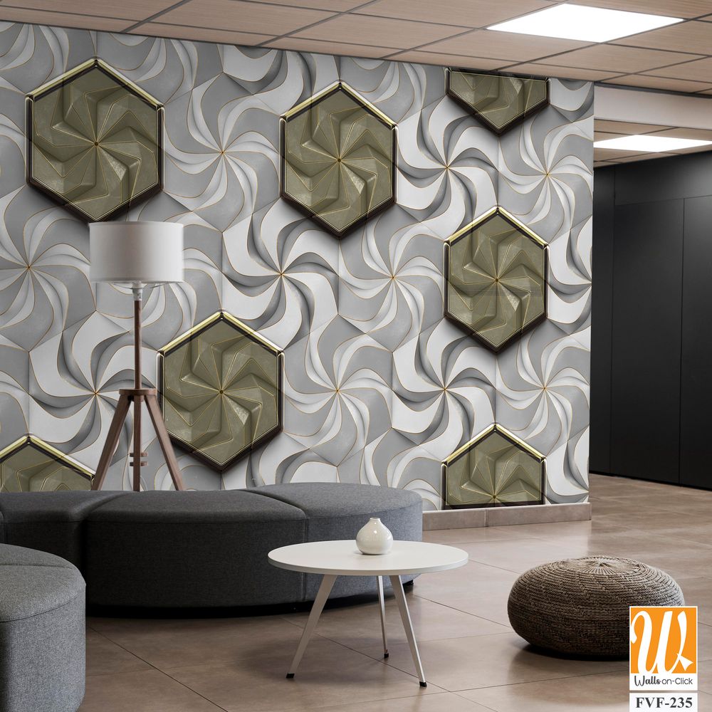 Grey and white swirls with brass hexagon tiles [WP-FVF-235]