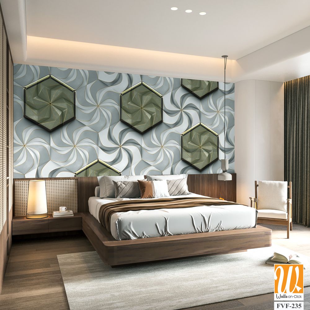 Grey and white swirls with brass hexagon tiles [WP-FVF-235]