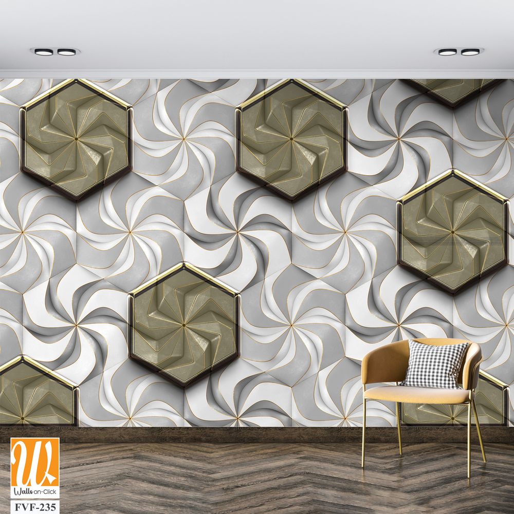 Grey and white swirls with brass hexagon tiles [WP-FVF-235]