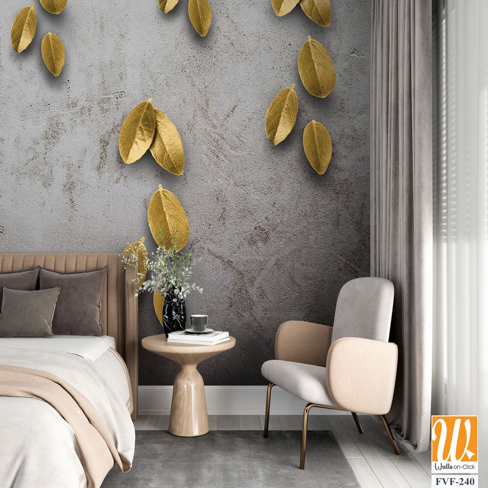 Wall art of metallic gold leaves on a grey background [WP-FVF-240]