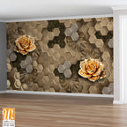 3D wallpaper with golden roses on a honeycomb background [WP-FVF-318]