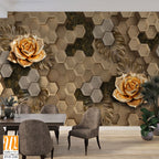 3D wallpaper with golden roses on a honeycomb background [WP-FVF-318]