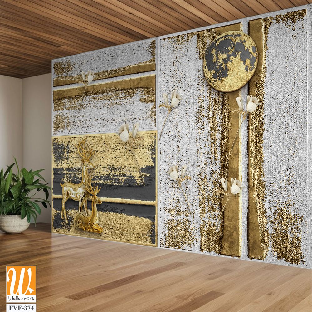3D gold deer under the enchanted golden moon Wallpaper [WP-FVF-374]