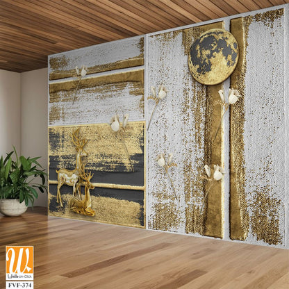 3D gold deer under the enchanted golden moon Wallpaper [WP-FVF-374]