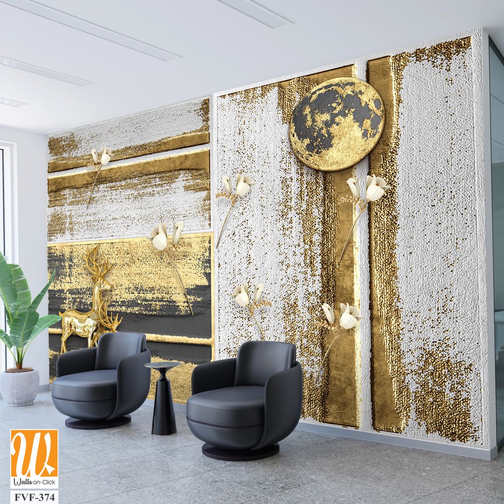 3D gold deer under the enchanted golden moon Wallpaper [WP-FVF-374]