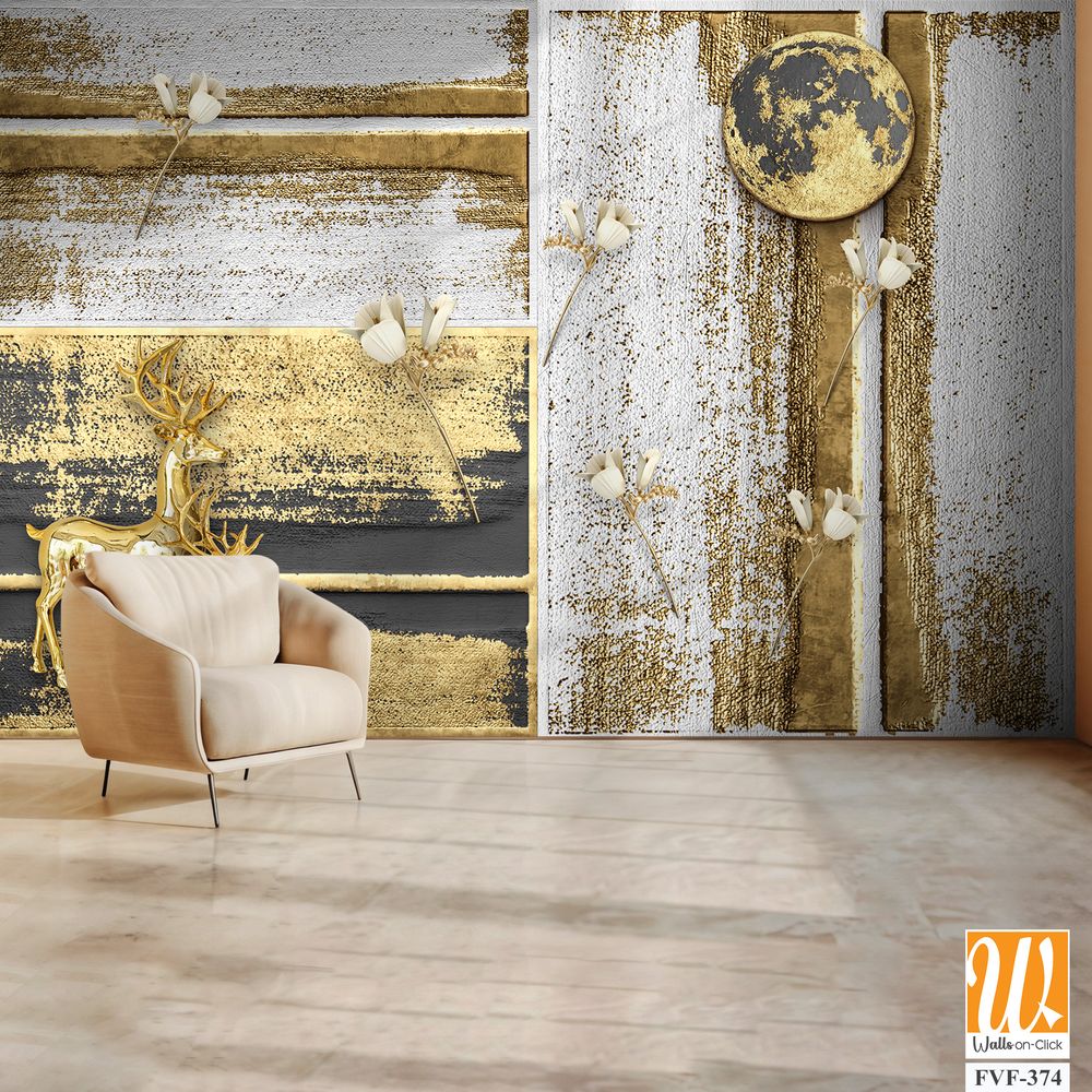 3D gold deer under the enchanted golden moon Wallpaper [WP-FVF-374]