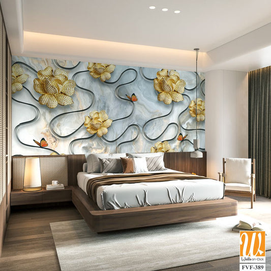 3D wallpaper with golden flowers and butterflies [WP-FVF-389]