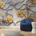 3D wallpaper with golden flowers and butterflies [WP-FVF-389]