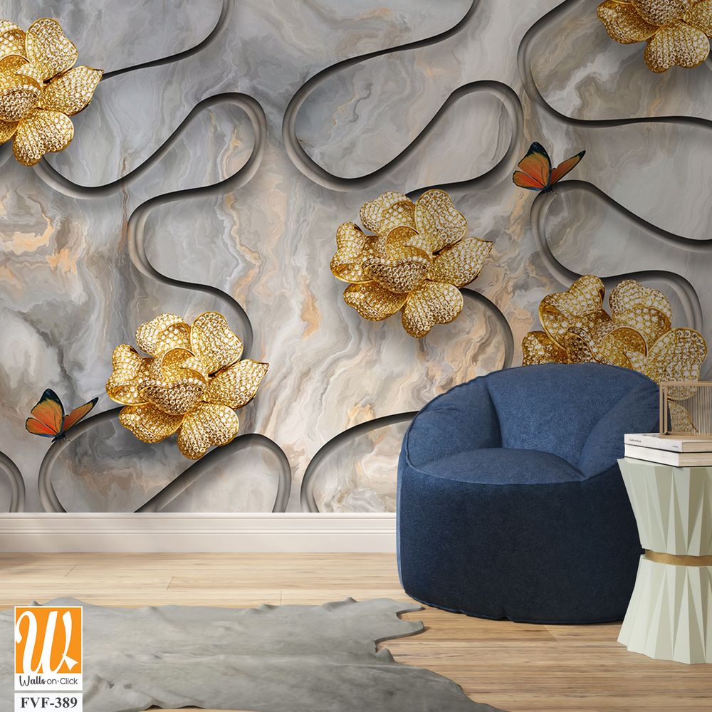 3D wallpaper with golden flowers and butterflies [WP-FVF-389]