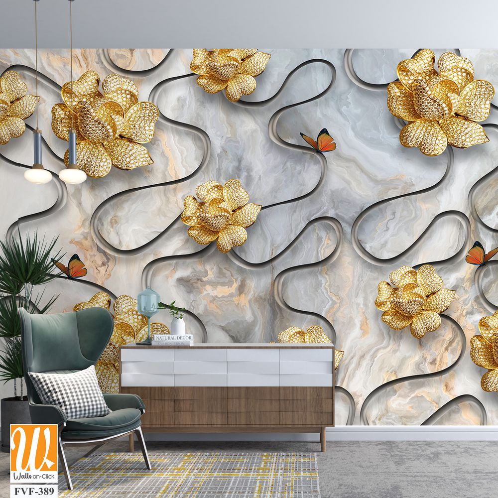 3D wallpaper with golden flowers and butterflies [WP-FVF-389]