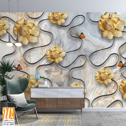 3D wallpaper with golden flowers and butterflies [WP-FVF-389]