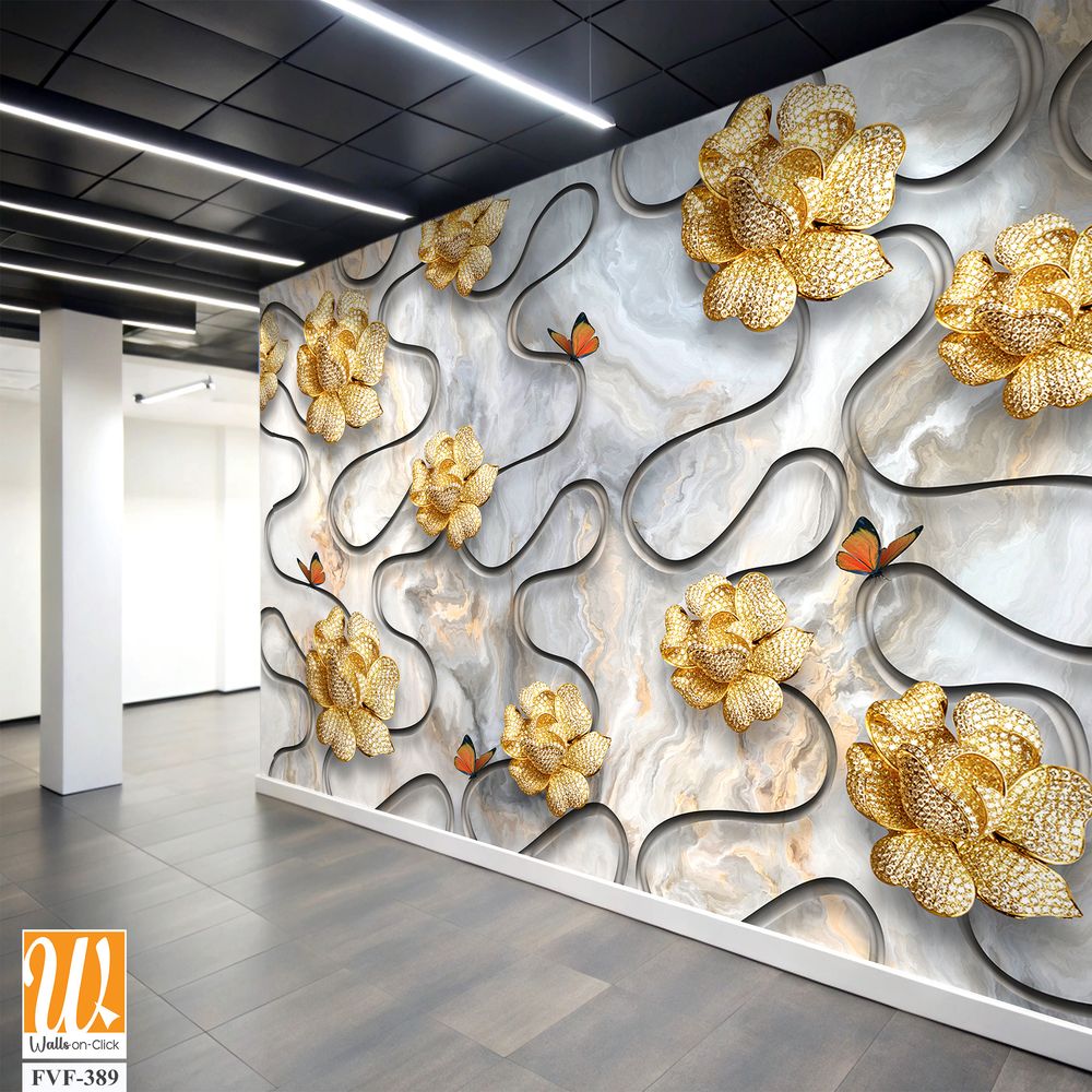 3D wallpaper with golden flowers and butterflies [WP-FVF-389]