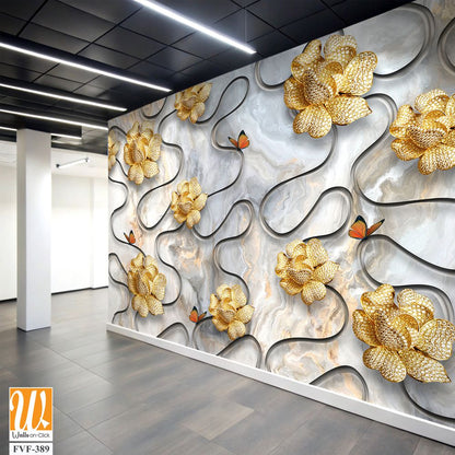3D wallpaper with golden flowers and butterflies [WP-FVF-389]