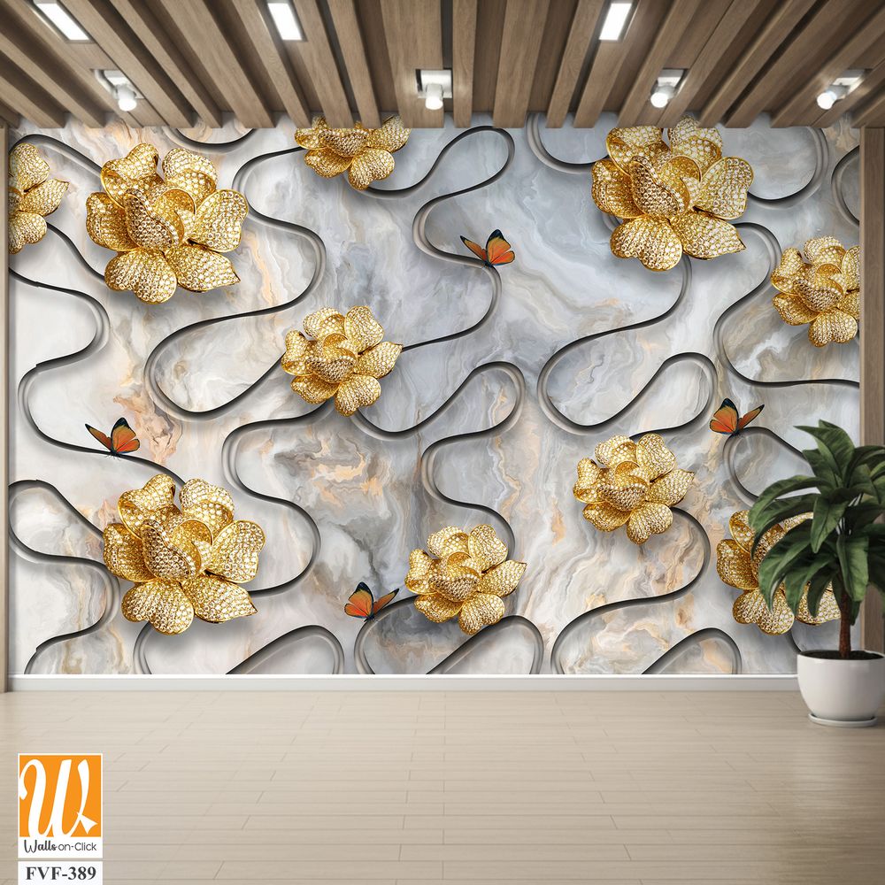 3D wallpaper with golden flowers and butterflies [WP-FVF-389]