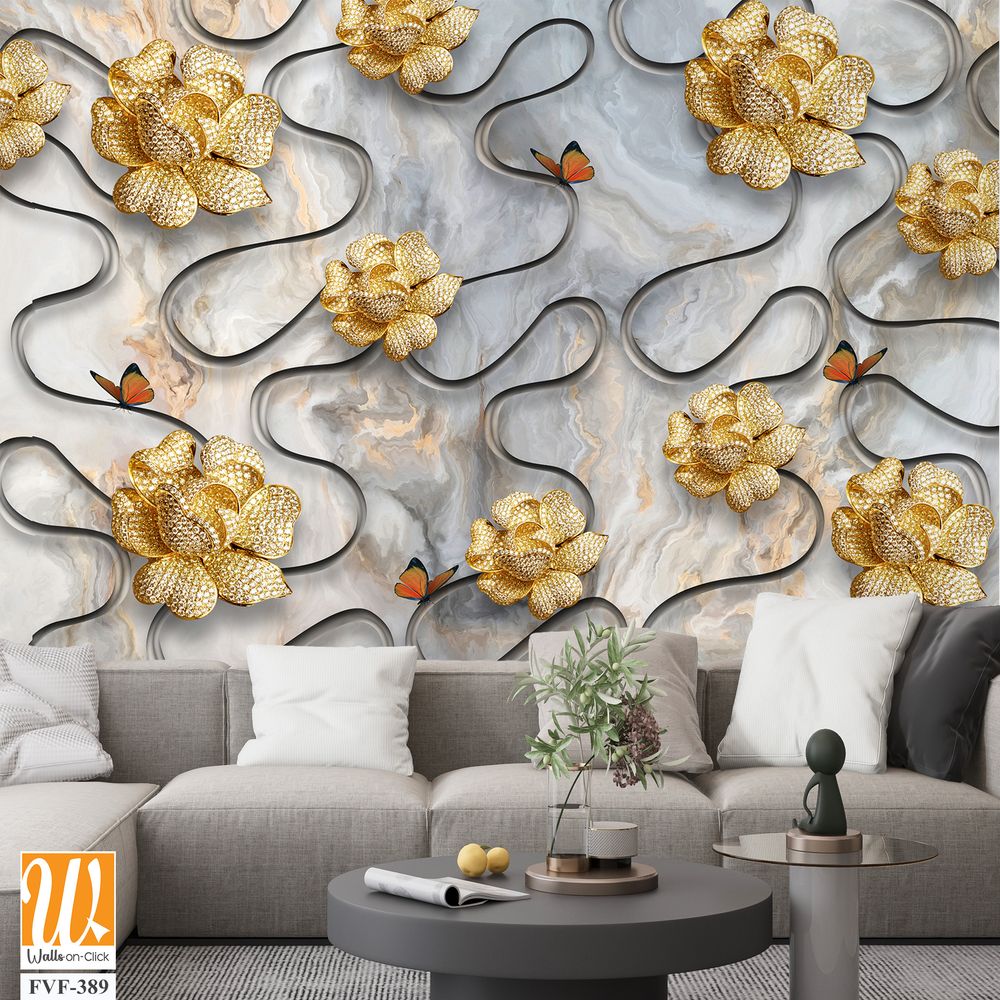 3D wallpaper with golden flowers and butterflies [WP-FVF-389]