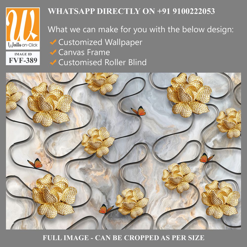 3D wallpaper with golden flowers and butterflies [WP-FVF-389]