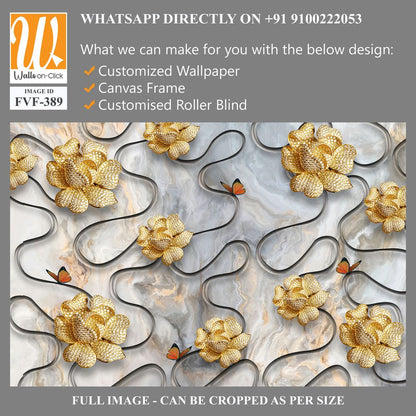 3D wallpaper with golden flowers and butterflies [WP-FVF-389]