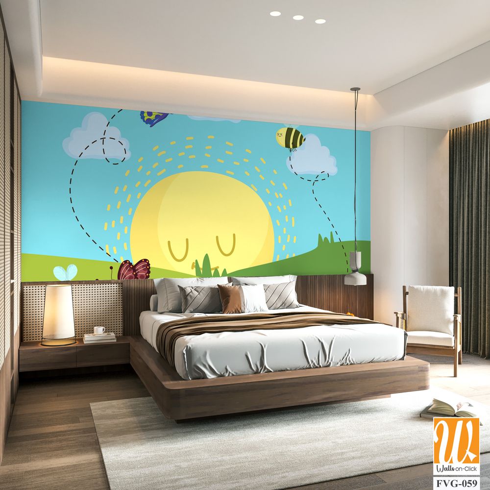Cute cartoon sun with clouds, butterflies above flowers [WP-FVG-059]