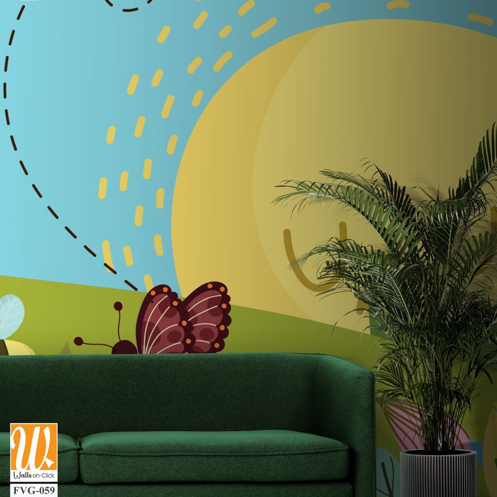 Cute cartoon sun with clouds, butterflies above flowers [WP-FVG-059]
